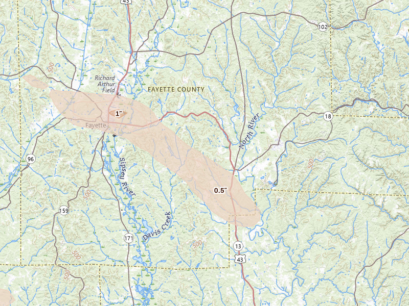 Radar-estimated hail-size map of the storm over Bankston, AL on Feb 26, 2026