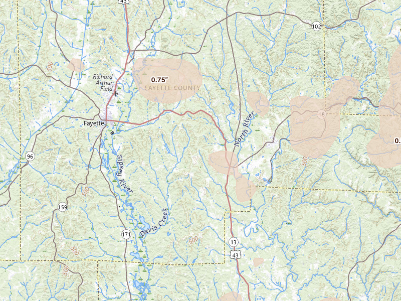 Radar-estimated hail-size map of the storm over Bankston, AL on Jun 1, 2026