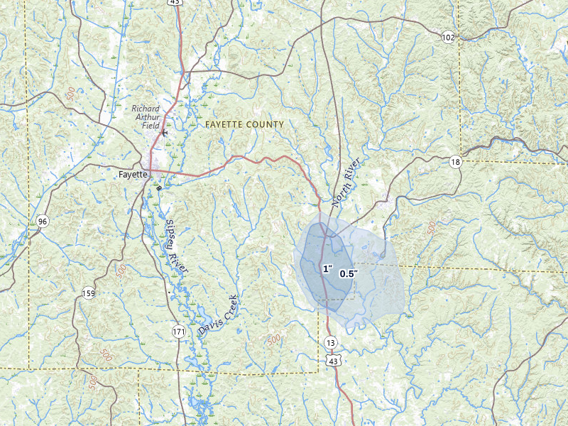 NEXRAD radar-signature map of the hail storm over Bankston, AL on Jul 12, 2026