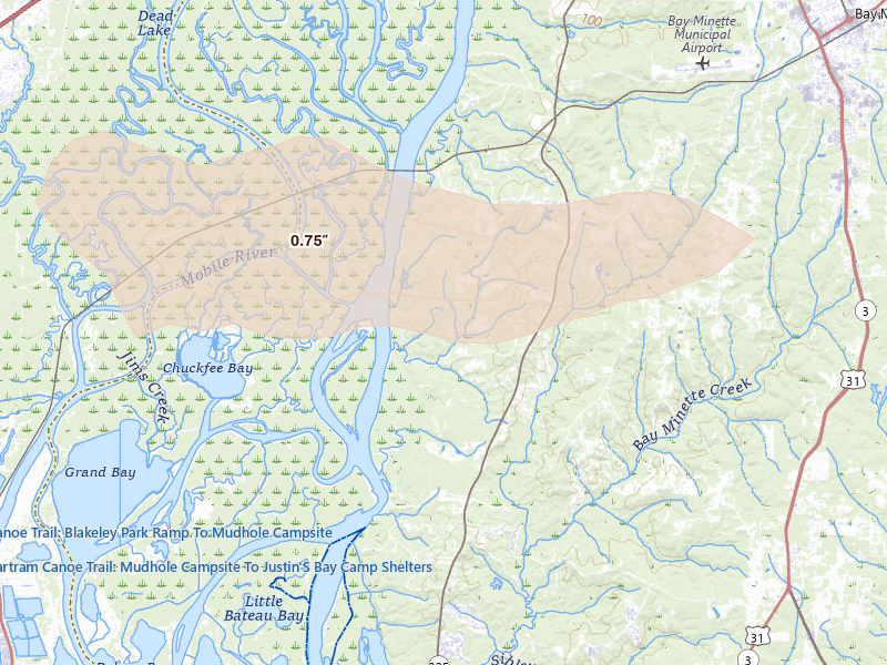 Radar-estimated hail-size map of the storm over Bay Minette, AL
