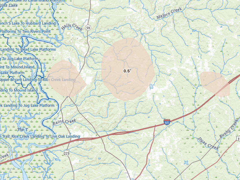 Radar-estimated hail-size map of the storm over Bay Minette, AL on May 6, 2026
