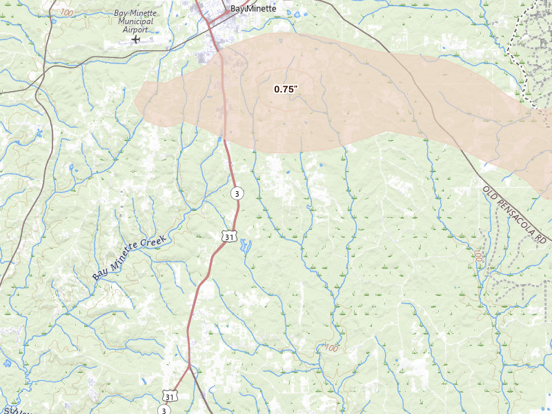 Radar-estimated hail-size map of the storm over Bay Minette, AL on May 8, 2026