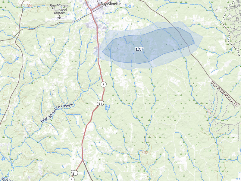 NEXRAD radar-signature map of the hail over Bay Minette, AL