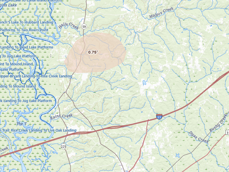 Radar-estimated hail-size map of the storm over Bay Minette, AL on Jun 19, 2026