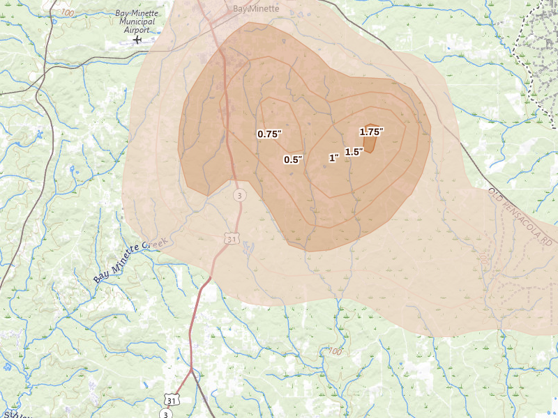 Radar-estimated hail-size map of the storm over Bay Minette, AL on Jun 30, 2026