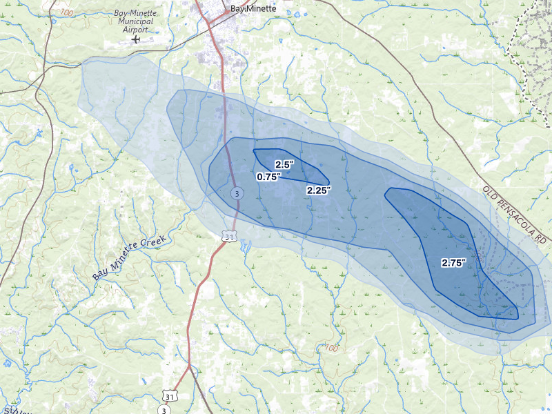 NEXRAD radar-signature map of the hail over Bay Minette, AL