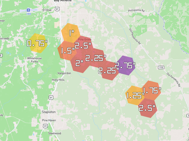 Hail map of Bay Minette, AL on Jun 30, 2026, hail up to 2.75"