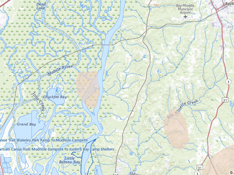 Radar-estimated hail-size map of the storm over Bay Minette, AL on Jul 30, 2026