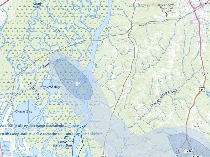 NEXRAD radar-signature map of the hail over Bay Minette, AL