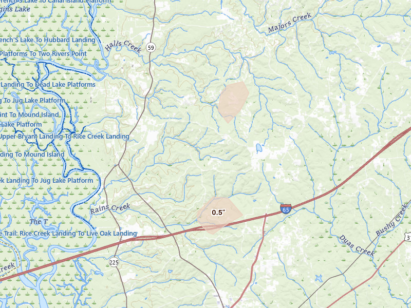 Radar-estimated hail-size map of the storm over Bay Minette, AL on Aug 7, 2026