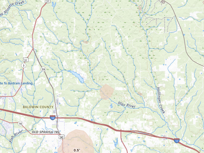 Radar-estimated hail-size map of the storm over Bay Minette, AL on Aug 19, 2026