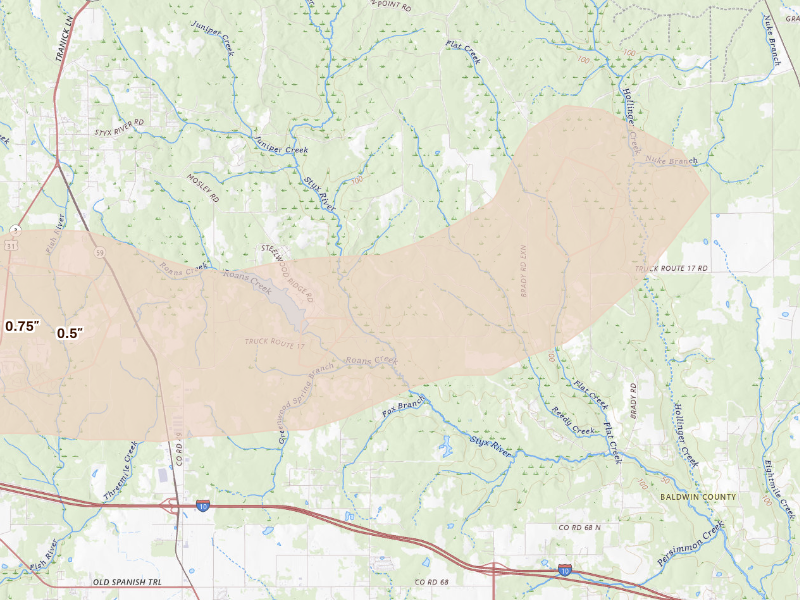 Radar-estimated hail-size map of the storm over Bay Minette, AL