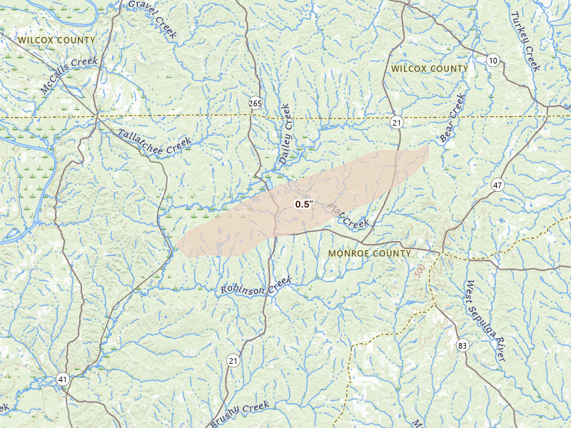 Radar-estimated hail-size map of the storm over Beatrice, AL on Mar 15, 2026