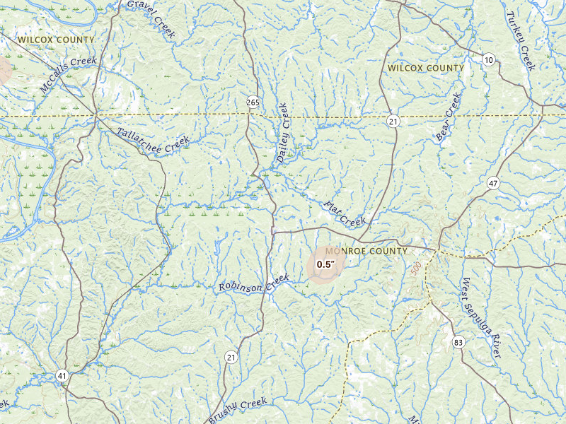 Radar-estimated hail-size map of the storm over Beatrice, AL on Jul 18, 2026