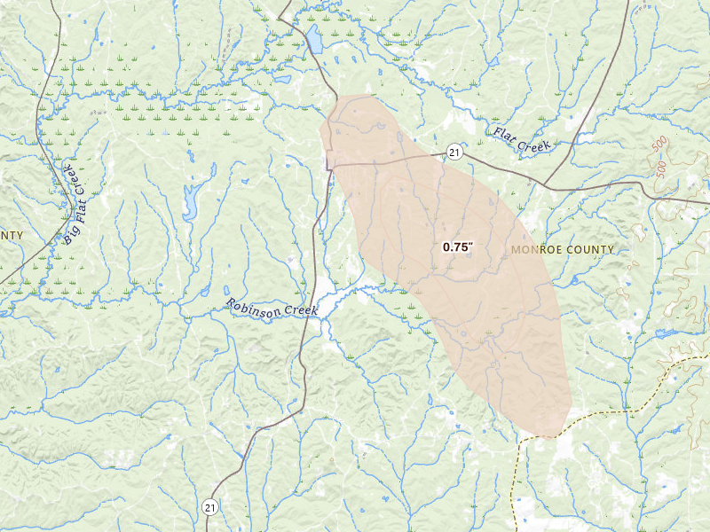 Radar-estimated hail-size map of the storm over Beatrice, AL on Aug 18, 2026