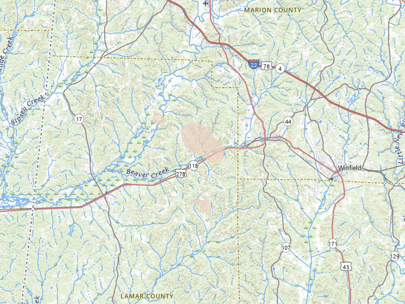 Radar-estimated hail-size map of the storm over Beaverton, AL on Feb 26, 2026