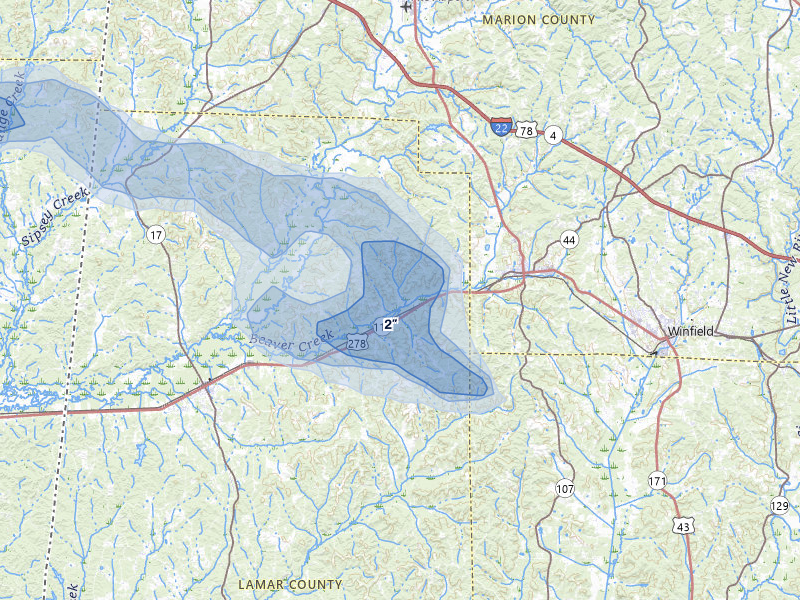 NEXRAD radar-signature map of the hail over Beaverton, AL