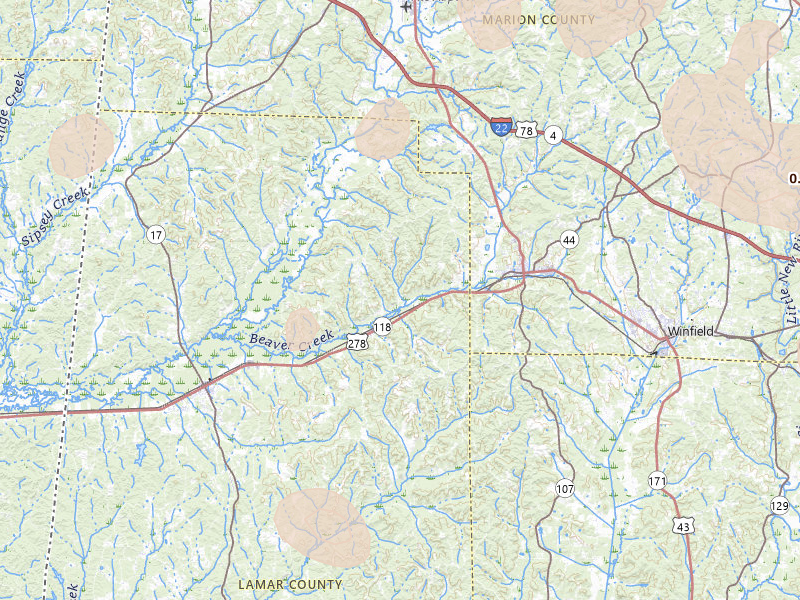 Radar-estimated hail-size map of the storm over Beaverton, AL on Jul 1, 2026