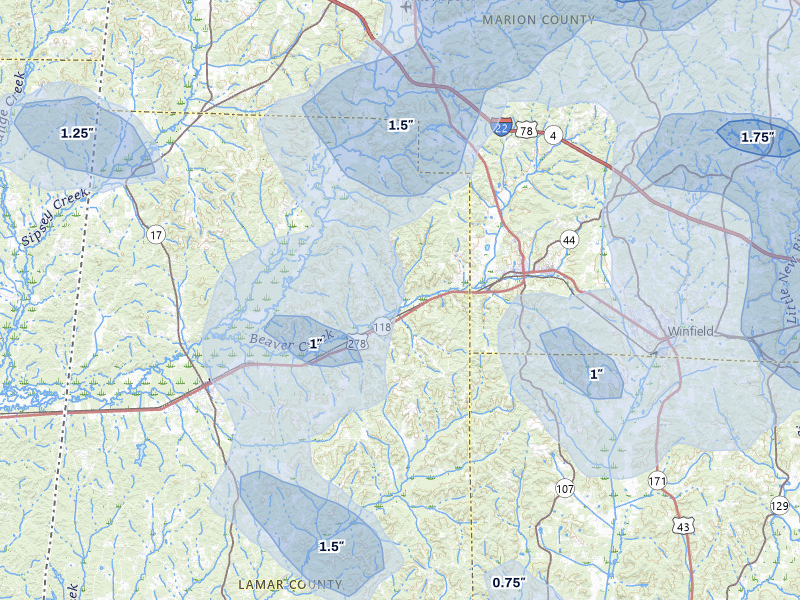 NEXRAD radar-signature map of the hail storm over Beaverton, AL on Jul 1, 2026