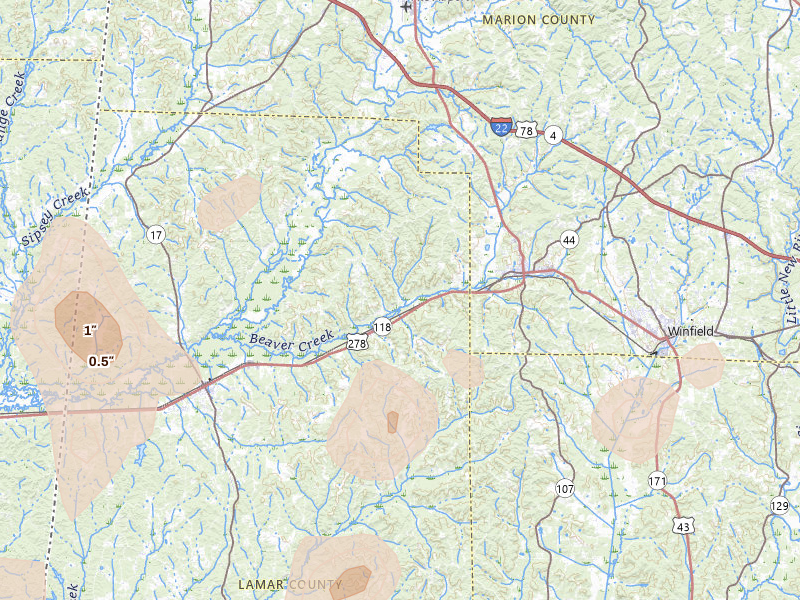 Radar-estimated hail-size map of the storm over Beaverton, AL on Jul 3, 2026