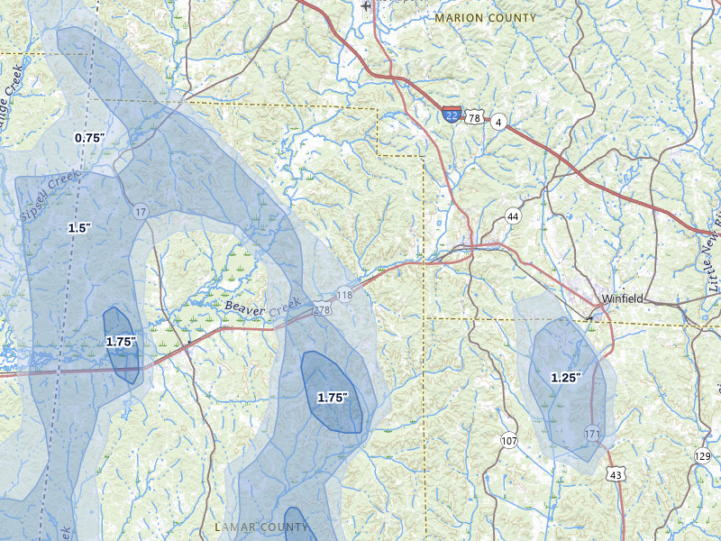 NEXRAD radar-signature map of the hail storm over Beaverton, AL on Jul 3, 2026