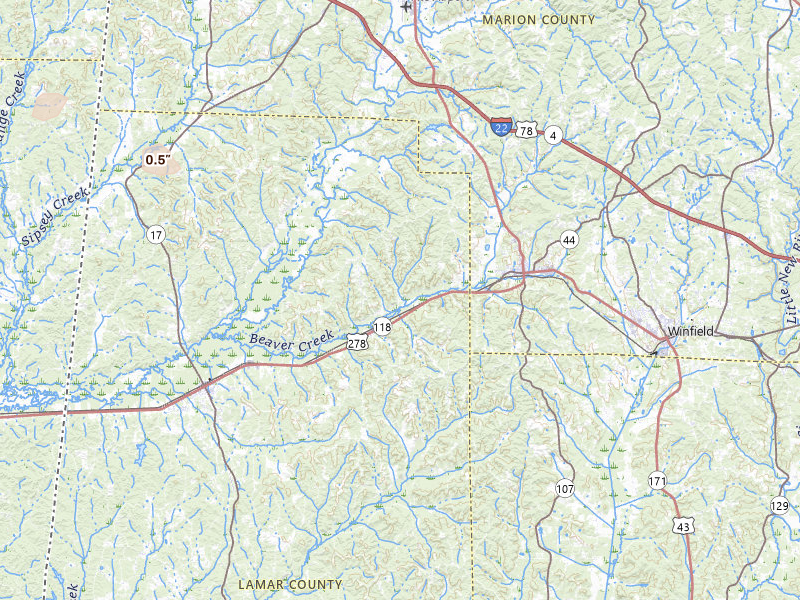 Radar-estimated hail-size map of the storm over Beaverton, AL on Jul 11, 2026