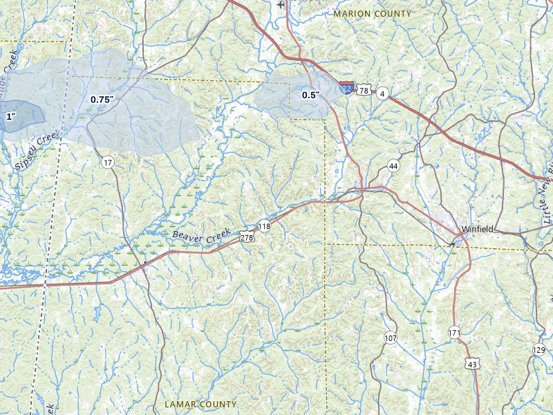 NEXRAD radar-signature map of the hail storm over Beaverton, AL on Jul 11, 2026