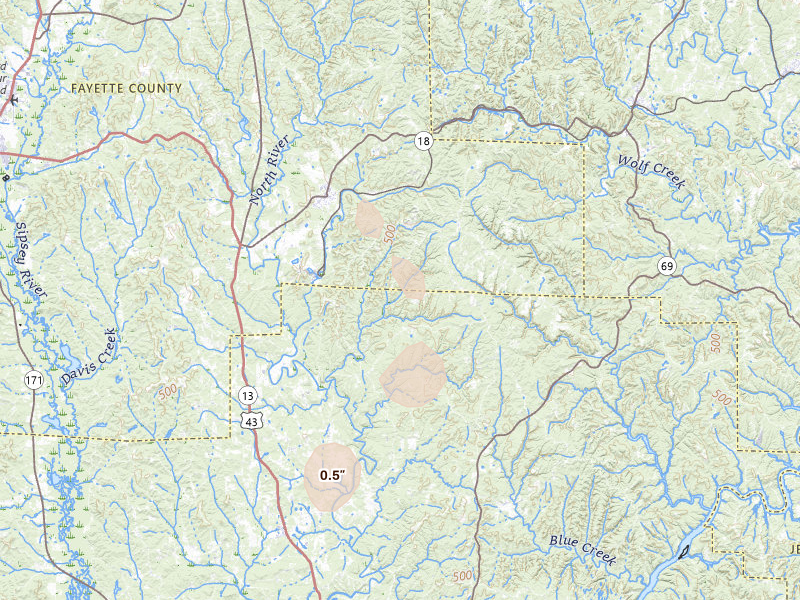 Radar-estimated hail-size map of the storm over Berry, AL on Jul 3, 2026