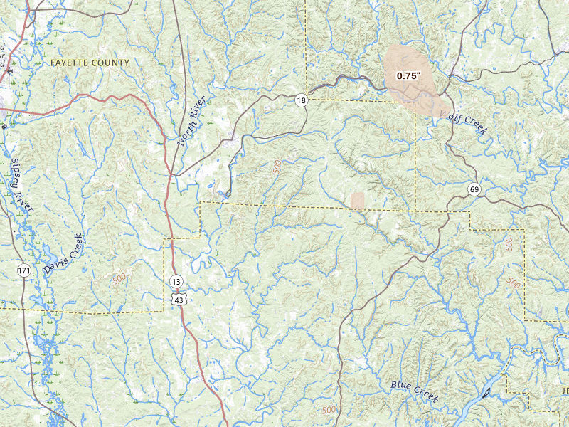 Radar-estimated hail-size map of the storm over Berry, AL on Jul 19, 2026