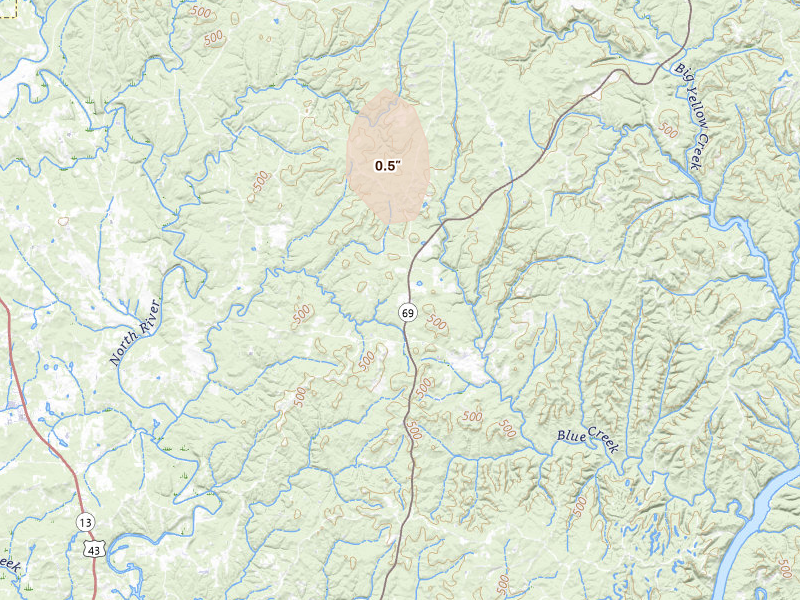 Radar-estimated hail-size map of the storm over Berry, AL on Aug 8, 2026