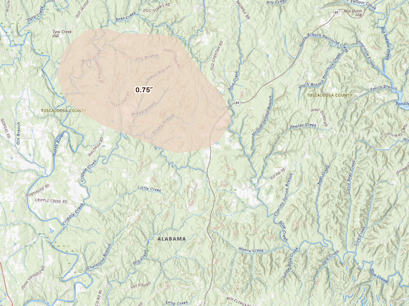 Radar-estimated hail-size map of the storm over Berry, AL on Aug 26, 2026