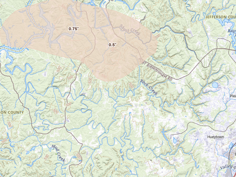 Radar-estimated hail-size map of the storm over Bessemer, AL on Apr 29, 2026