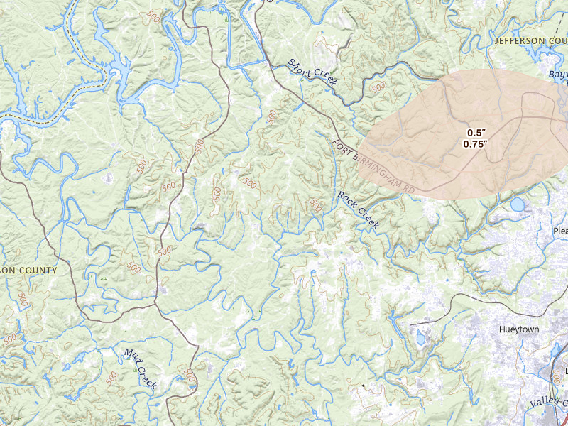 Radar-estimated hail-size map of the storm over Bessemer, AL on Jul 1, 2026