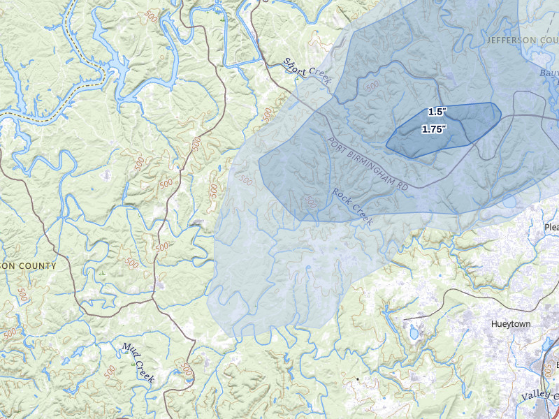 NEXRAD radar-signature map of the hail over Bessemer, AL