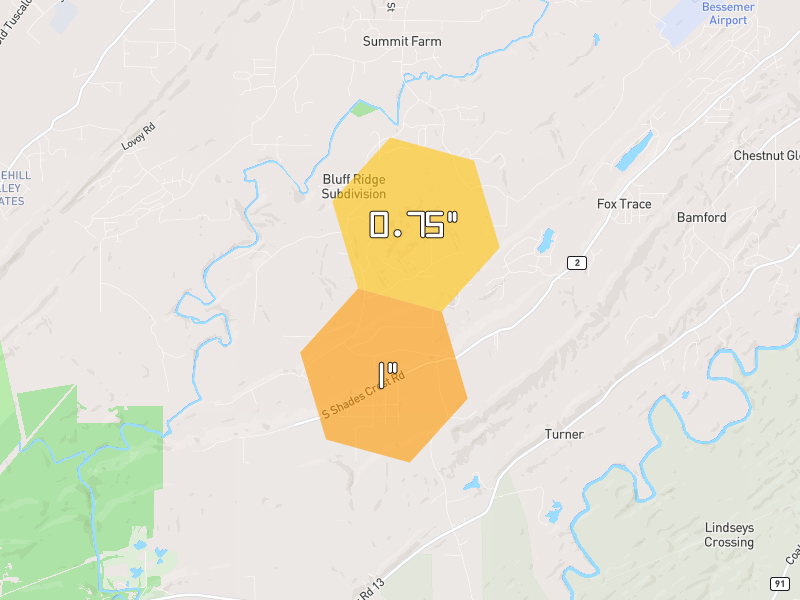 Hail map of Bessemer, AL on Jul 1, 2026, hail up to 1"