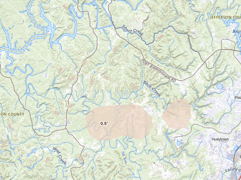 Radar-estimated hail-size map of the storm over Bessemer, AL on Jul 3, 2026