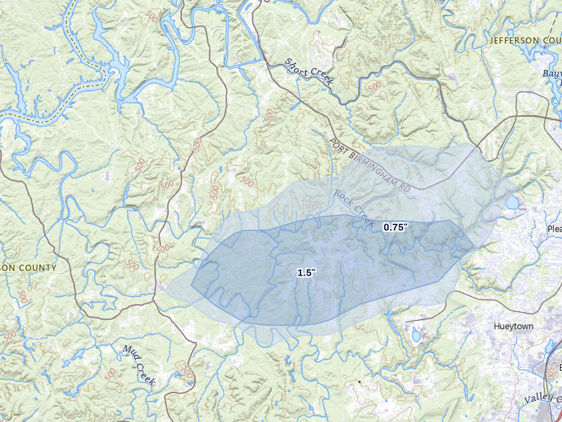 NEXRAD radar-signature map of the hail storm over Bessemer, AL on Jul 3, 2026
