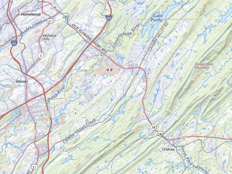 Radar-estimated hail-size map of the storm over Birmingham, AL on May 31, 2026