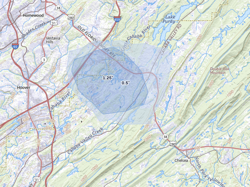 NEXRAD radar-signature map of the hail storm over Birmingham, AL on May 31, 2026