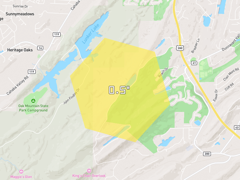 Hail map of Birmingham, AL on Jun 1, 2026, hail up to 0.5"