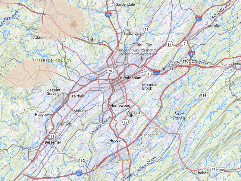 Radar-estimated hail-size map of the storm over Birmingham, AL on Jul 1, 2026