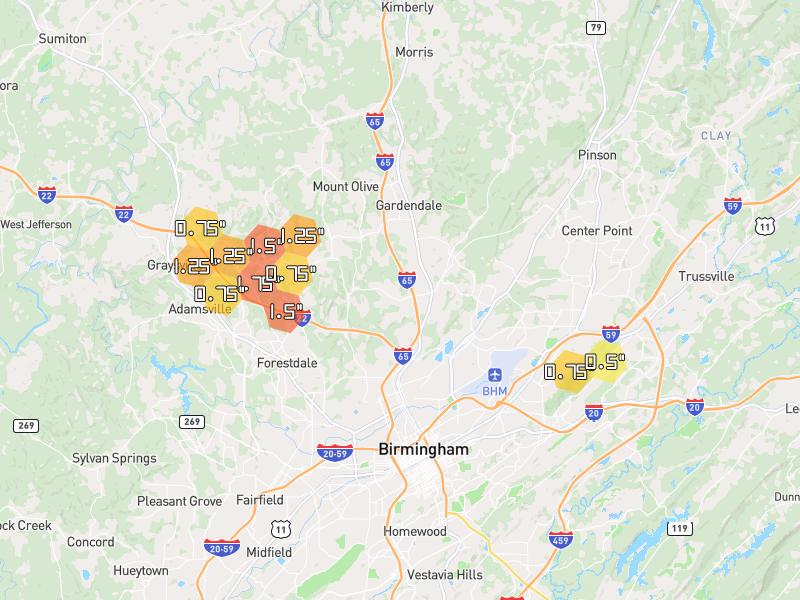 Hail map of Birmingham, AL on Jul 1, 2026, hail up to 1.75"