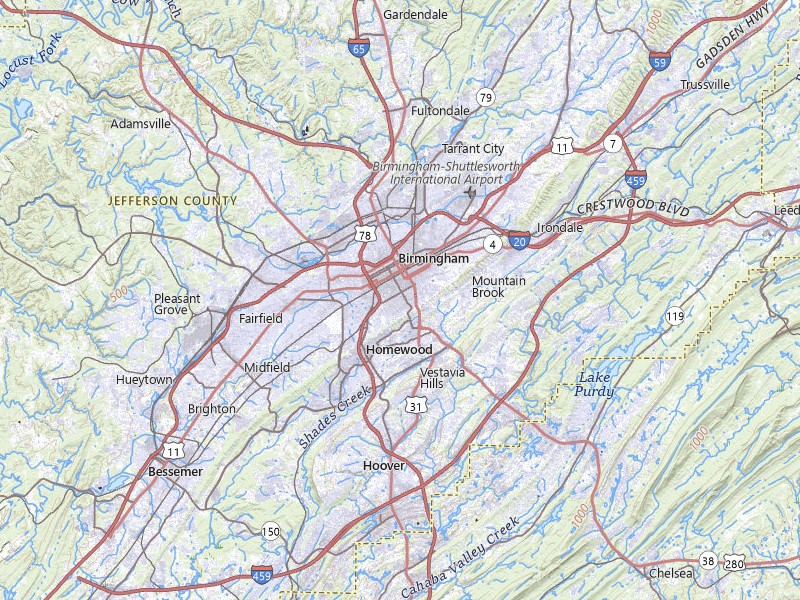 Radar-estimated hail-size map of the storm over Birmingham, AL on Jul 2, 2026