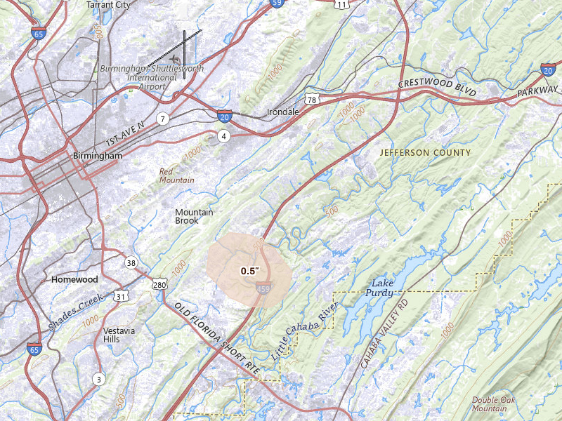 Radar-estimated hail-size map of the storm over Birmingham, AL on Aug 6, 2026