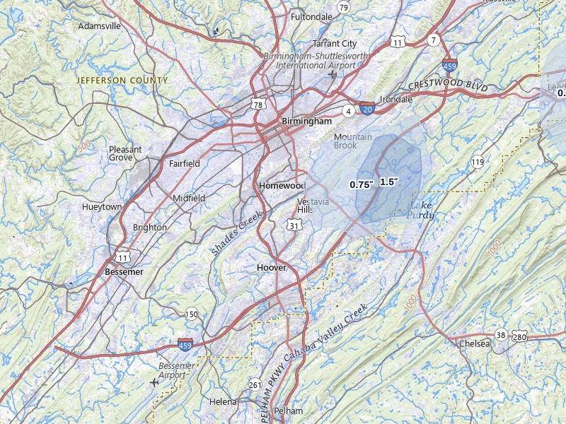 NEXRAD radar-signature map of the hail storm over Birmingham, AL on Aug 6, 2026