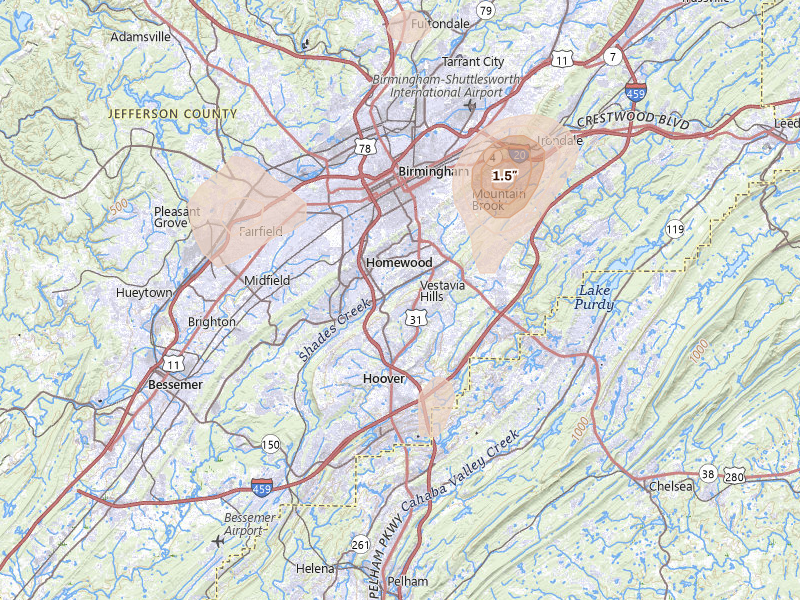 Radar-estimated hail-size map of the storm over Birmingham, AL on Aug 9, 2026