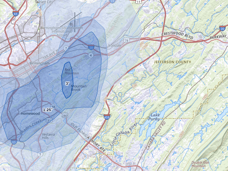 NEXRAD radar-signature map of the hail storm over Birmingham, AL on Aug 9, 2026