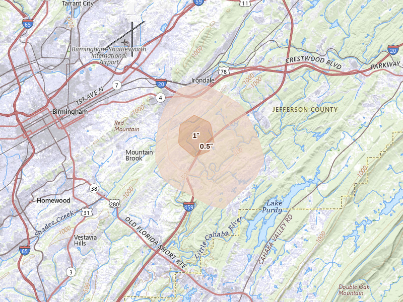 Radar-estimated hail-size map of the storm over Birmingham, AL on Aug 26, 2026