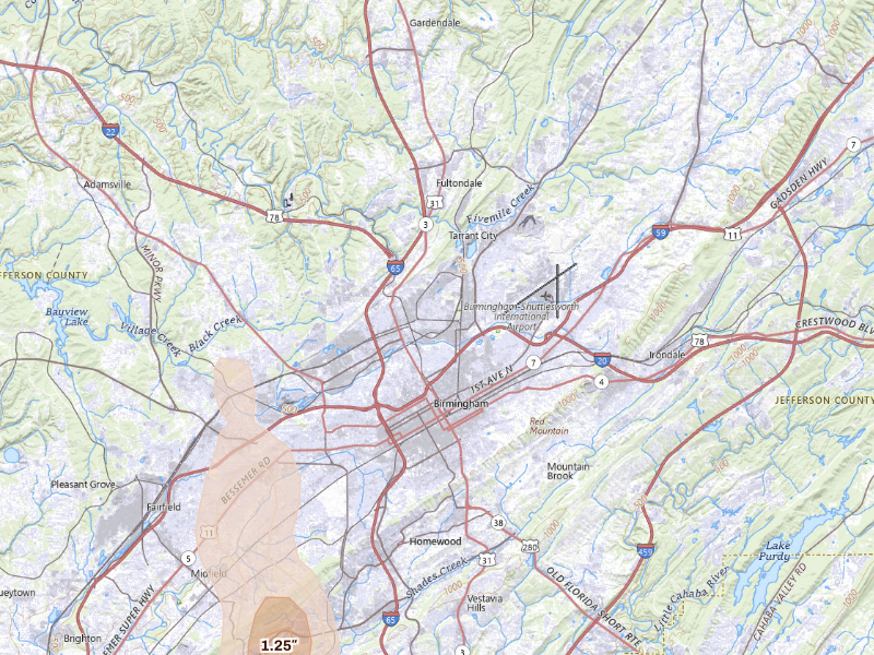 Radar-estimated hail-size map of the storm over Birmingham, AL on Sep 19, 2026