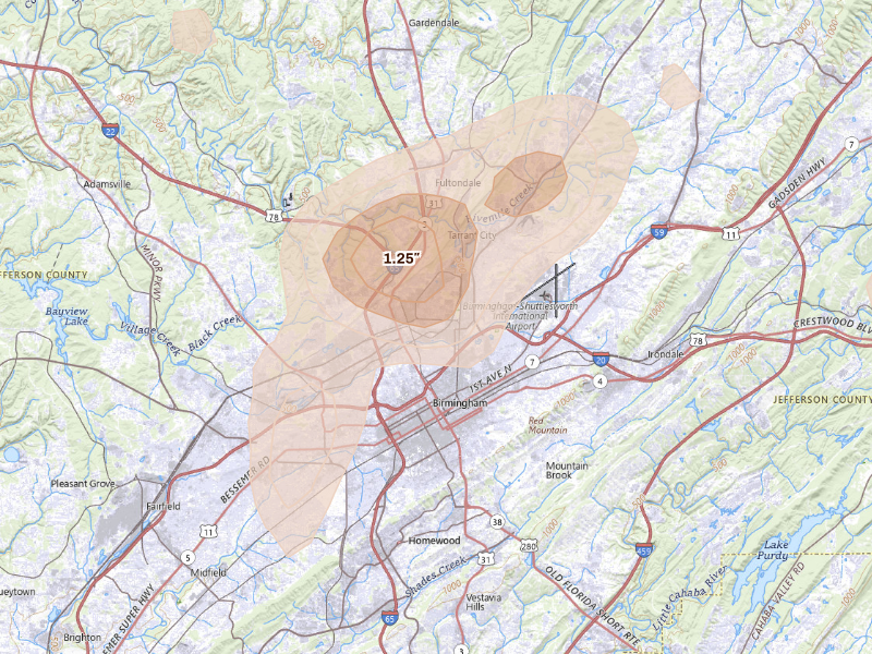 Radar-estimated hail-size map of the storm over Birmingham, AL